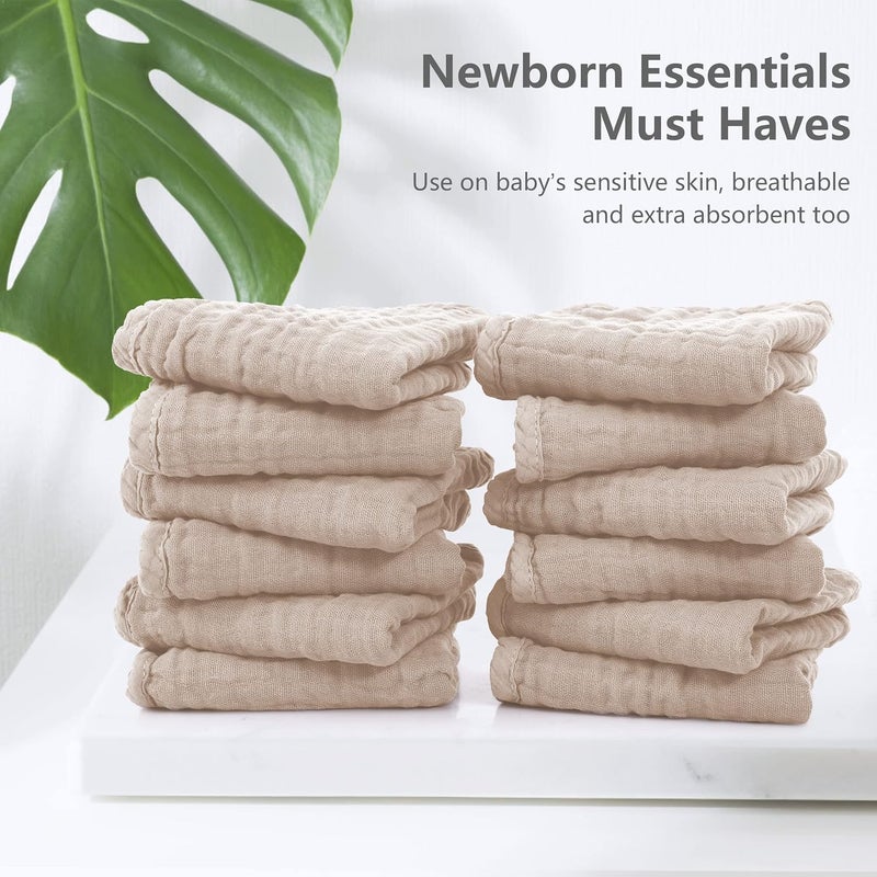 SWEET DOLPHIN 12 Pack Muslin Burp Cloths Large 100% Cotton Hand Washcloths for Baby - Baby Essentials Extra Absorbent and Soft Boys & Girls Milk Spit Up Rags for Newborn Registry - Brown, 20" X10" - Image 3